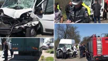 Impact violent între un microbuz şi un camion