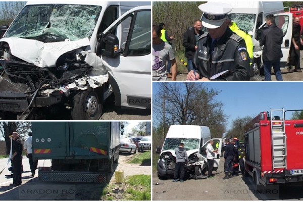 Impact violent între un microbuz şi un camion