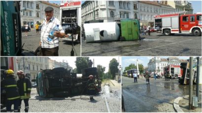 Circulația tramvaielor blocată de o cisternă răsturnată