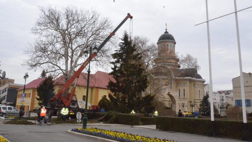 [FOTO] Se apropie sărbătorile: La Caransebeş a fost amplasat bradul de Crăciun