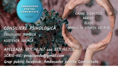 AMBASADOR pentru COMUNITATE – Prima linie de consiliere psihologică pe tema COVID-19, dedicată cadrelor didactice, părinţilor şi elevilor