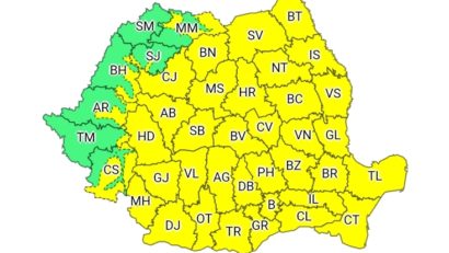 Cod galben de vânt puternic, ploi torenţiale şi grindină în aproape toată ţara