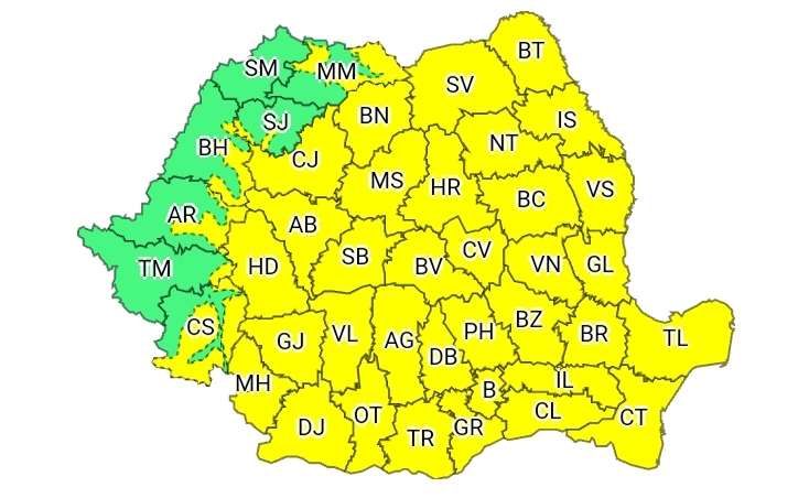 Cod galben de vânt puternic, ploi torenţiale şi grindină în aproape toată ţara