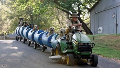 Un bunic a construit un tren special pentru a plimba toţi câinii vagabonzi pe care i-a salvat de pe străzi