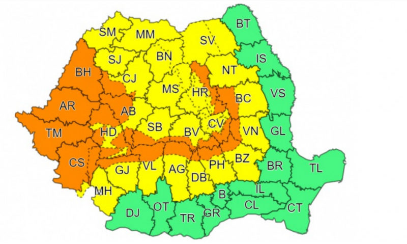 Cod portocaliu de ploi în Caraș Severin, Timiș și Arad
