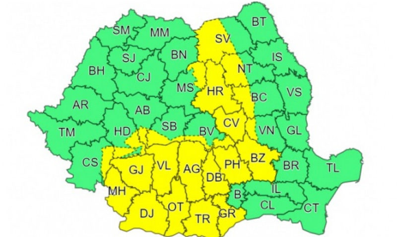 Cod galben de ploi torenţiale, descărcări electrice, vijelii şi grindină