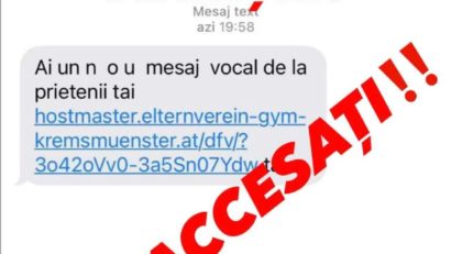 Poliţia avertizează cu privire la un mesaj de tip sms, primit de utilizatorii serviciilor de telefonie din România: Nu accesaţi link-uri primite de la persoane necunoscute! Nu vă lăsaţi înşelaţi!