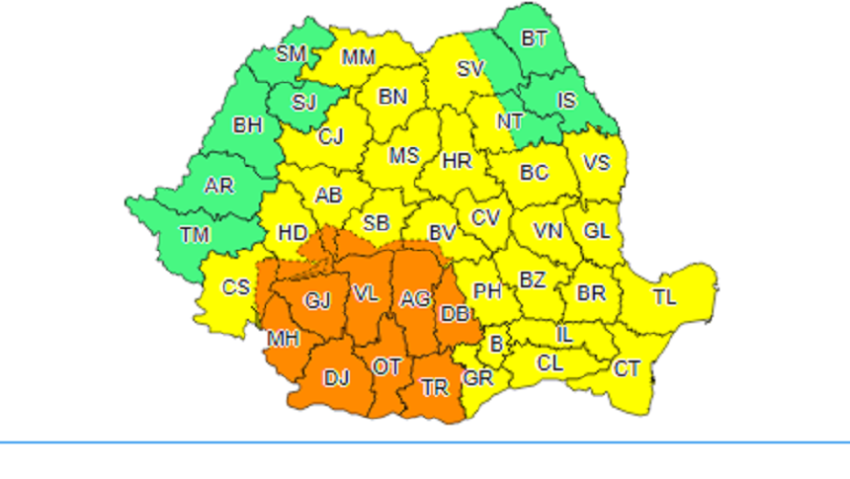 Avertizări Cod portocaliu și Cod Galben de ploi abundente și vijelii, până luni dimineața