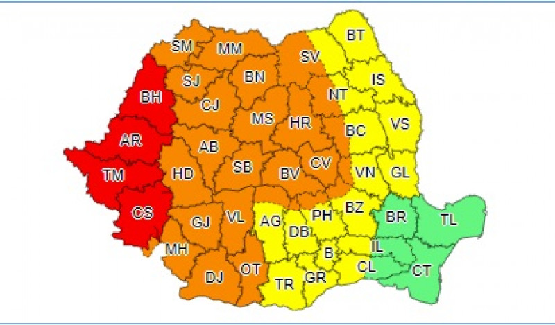 Cod roşu de intensificări puternice ale vântului şi instabilitate atmosferică deosebit de accentuată, în Caraş-Severin, Timiş, Arad şi Bihor