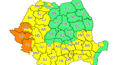 Meteorologii au emis Cod Galben de caniculă în vestul, sudul și sud-estul țării, până mâine. Cod Portocaliu în Banat. Ulterior, până luni, toată jumătatea vestică a țării intră sub Cod Galben de furtuni cu ploi însemnate cantitativ