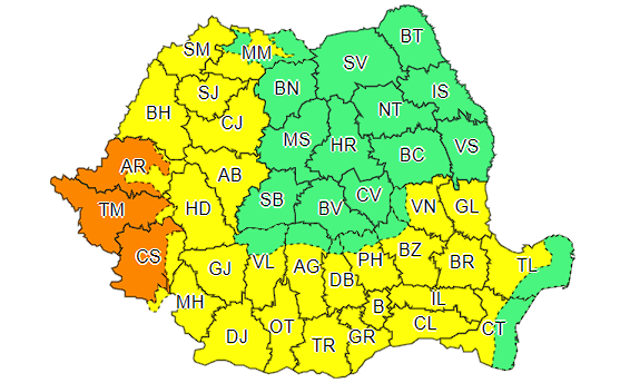 Meteorologii au emis Cod Galben de caniculă în vestul, sudul și sud-estul țării, până mâine. Cod Portocaliu în Banat. Ulterior, până luni, toată jumătatea vestică a țării intră sub Cod Galben de furtuni cu ploi însemnate cantitativ