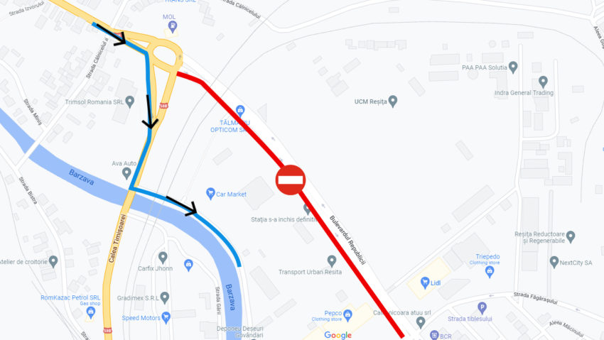 Trafic deviat la intrarea în Reşiţa. Se modifică şi traseul mijloacelor de transport public