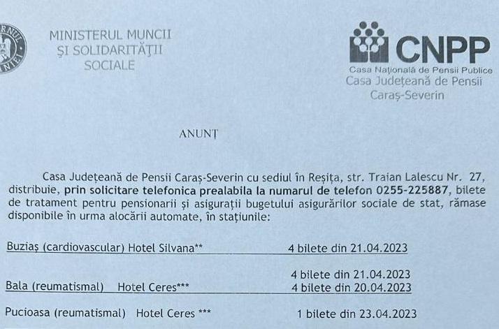 27 % din biletele de tratament repartizate prin Casa de Pensii Caraș-Severin au rămas nevândute