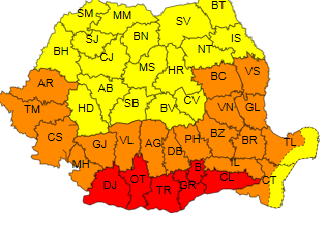 Harta României, colorată în coduri galbene, portocalii şi roşii de caniculă şi temperaturi extreme