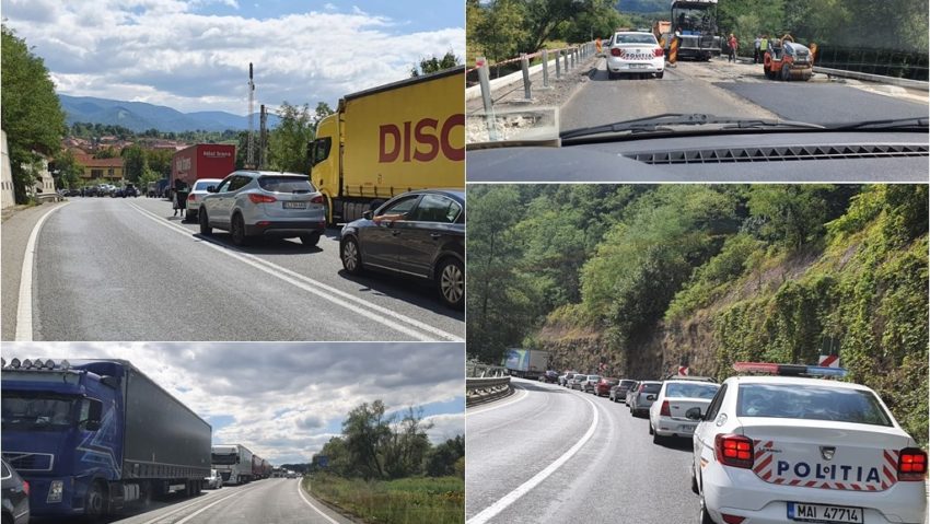 Trafic blocat între Caransebeş şi Herculane. Un tir a rămas blocat sub pod