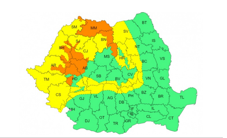 ANM – Cod galben de vânt și ploi în zona montană a judeţelor Caraș-Severin, Arad și Timiș