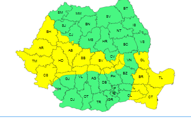 Cod galben de vânt în zone din 24 de judeţe, sâmbătă şi duminică