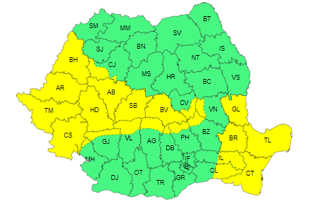 Cod galben privind intensificări ale vântului, în Banat, Crişana, sudul Transilvaniei