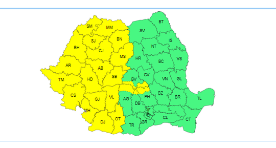 Cod galben de vânt în jumătatea de vest a ţării, de luni seară până marţi dimineaţă