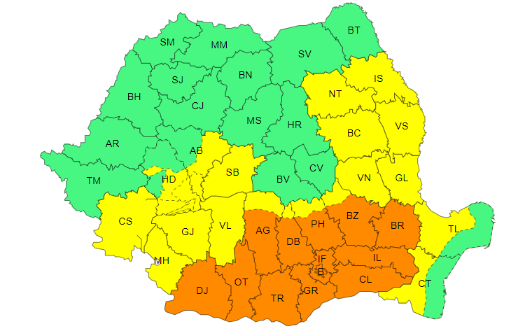 Cod Galben de caniculă în sudul și sud-vestul țării