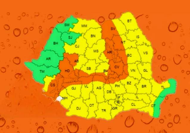 Cod portocaliu şi galben de ploi şi de instabilitate atmosferică în Caraş-Severin