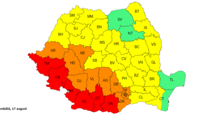 Cod Roșu și Cod Portocaliu de caniculă, în județele din vest. Avertizare de furtună, pentru zonele de deal și de munte