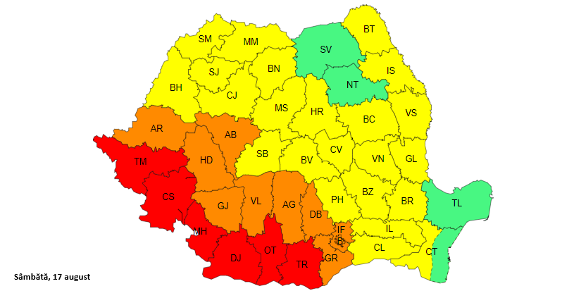 Cod Roșu și Cod Portocaliu de caniculă, în județele din vest. Avertizare de furtună, pentru zonele de deal și de munte