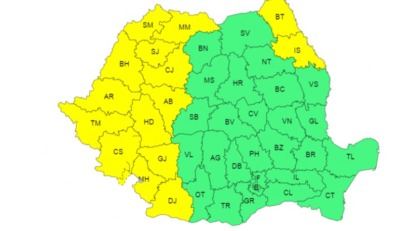 Cod Galben de temperaturi deosebit de ridicate, local caniculă şi disconfort termic ridicat pentru Banat, Crişana, Maramureş, vestul Transilvaniei, jumătatea de vest a Olteniei şi nord-estul Moldovei