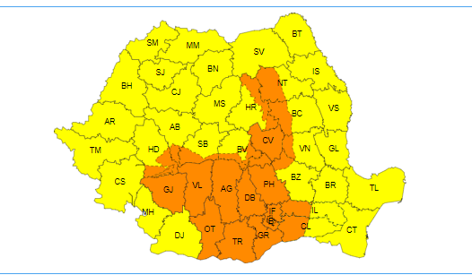 Cod galben de ploi, începând de sâmbătă, în mai multe zone